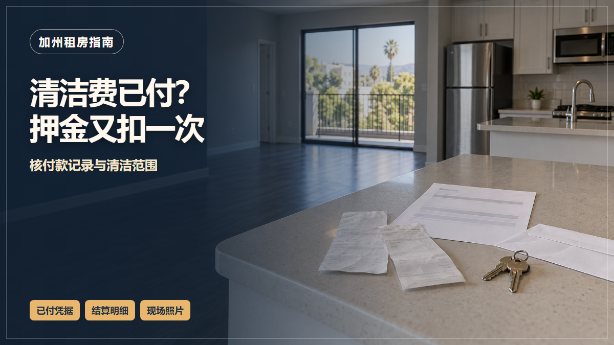 搬空的租屋厨房台面上放着两张付款凭据、押金结算纸和钥匙；图中文字提示清洁费已付后核对押金再次扣费