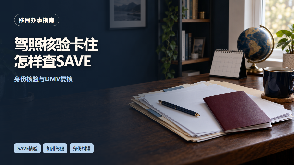 场景示意：桌上的护照册、文件夹与日历；驾照核验卡住怎样查SAVE，身份核验与DMV复核。