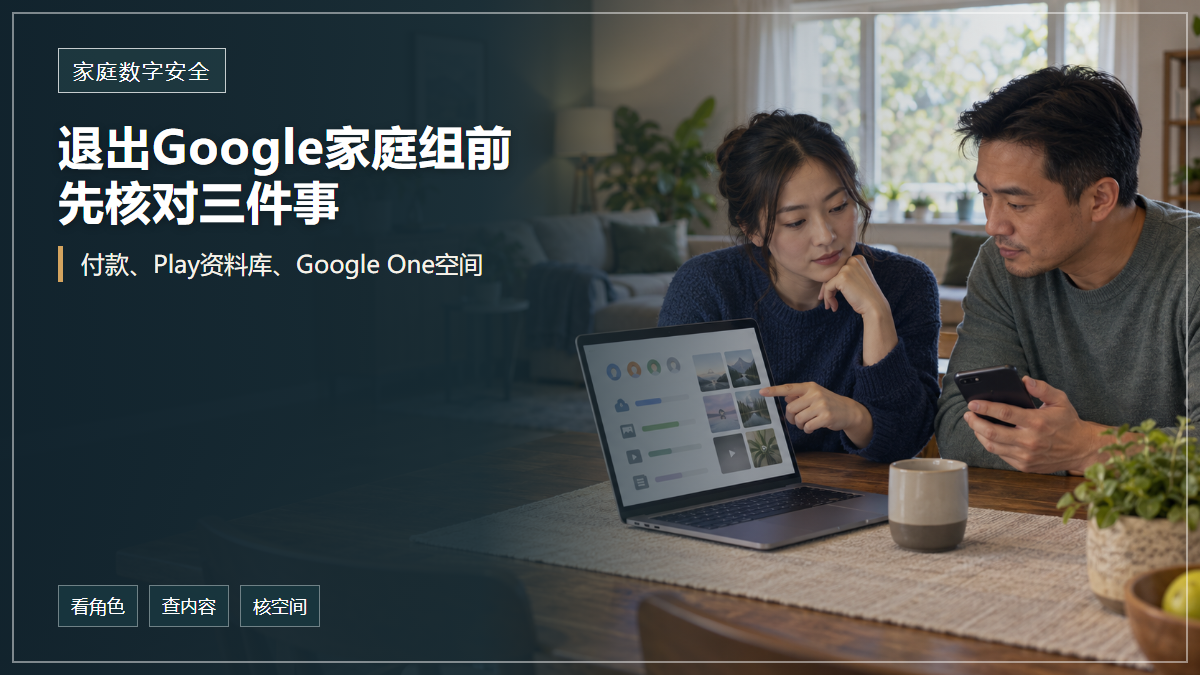 封面文字说明退出Google家庭组前需要核对付款、Play家庭资料库和Google One空间，一对华人夫妻在家中查看通用家庭共享界面