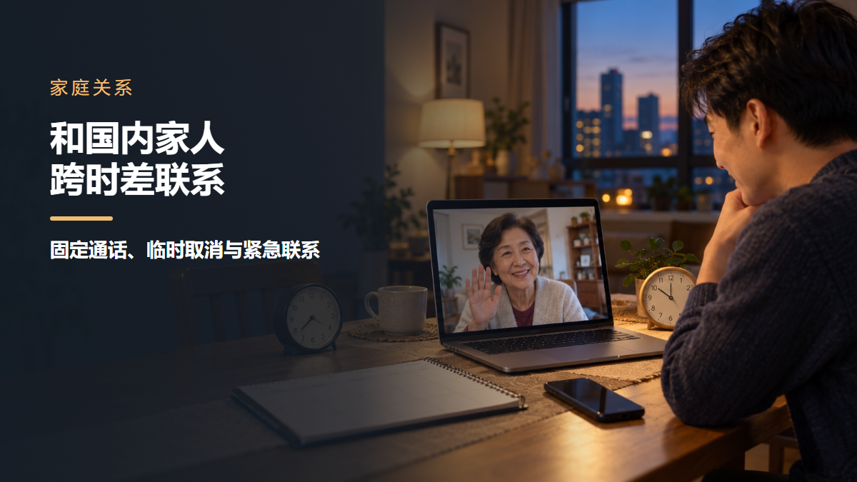 两名分处北美和中国的亚裔成年亲友通过视频通话核对两地时间和下次联系安排