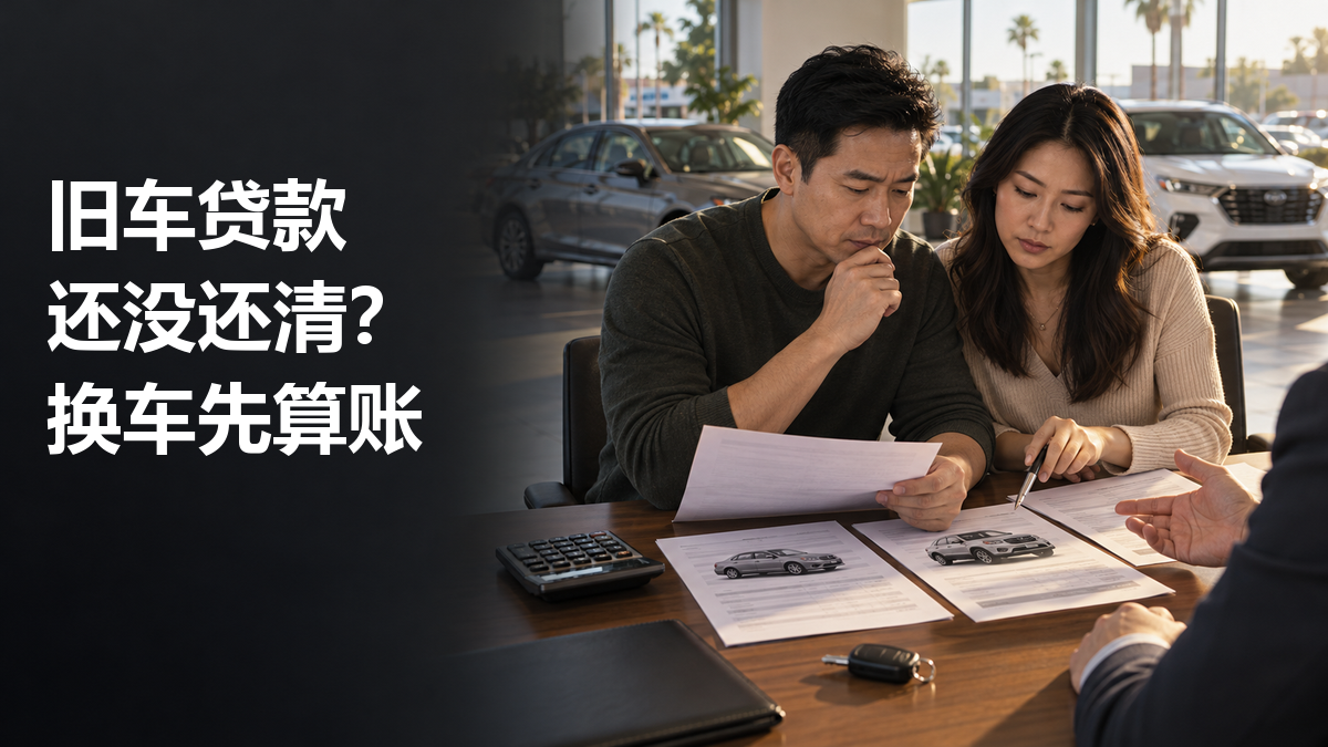 一对买家在加州车行桌前查看旧车与新车报价，桌上有计算器和车钥匙；封面文字为“旧车贷款 还没还清？ 换车先算账”