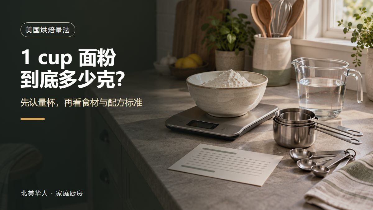 家庭厨房台面上，面粉碗放在电子秤上，旁边有干量杯、量勺和装水的透明液体量杯
