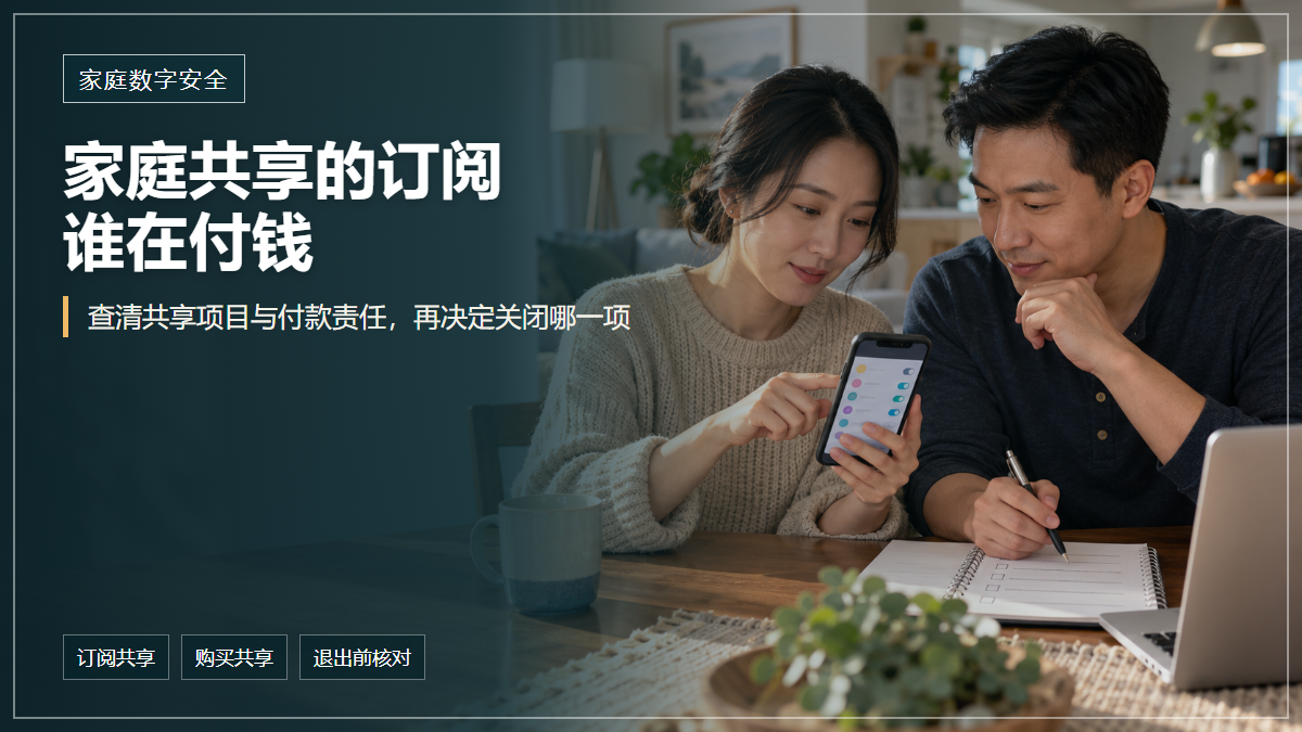封面文字说明核对Apple家庭共享订阅费用，华人夫妻在餐桌旁查看手机和家庭订阅清单