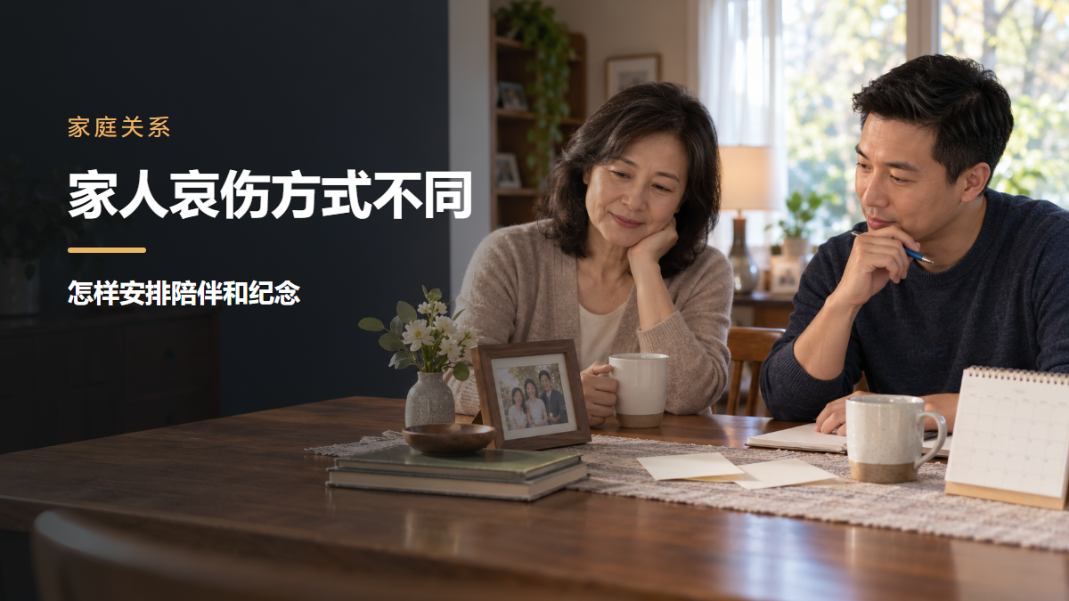 两名亚裔成年家人在北美住宅中查看照片和日历并讨论自愿纪念安排