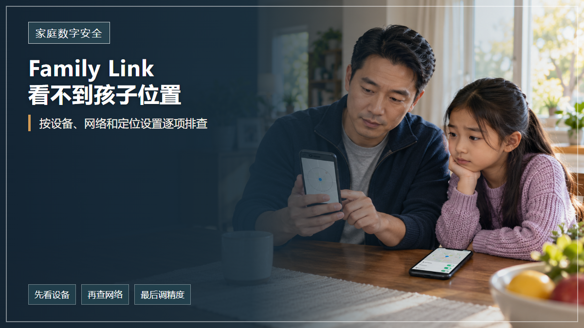 封面文字说明Family Link看不到孩子位置时要检查设备、网络和定位设置，一位华人父亲与女儿在家中查看两部手机