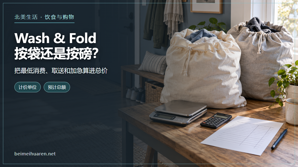公寓玄关旁放着两袋待取送的日常衣物,桌上有电子秤、计算器和洗衣价目单