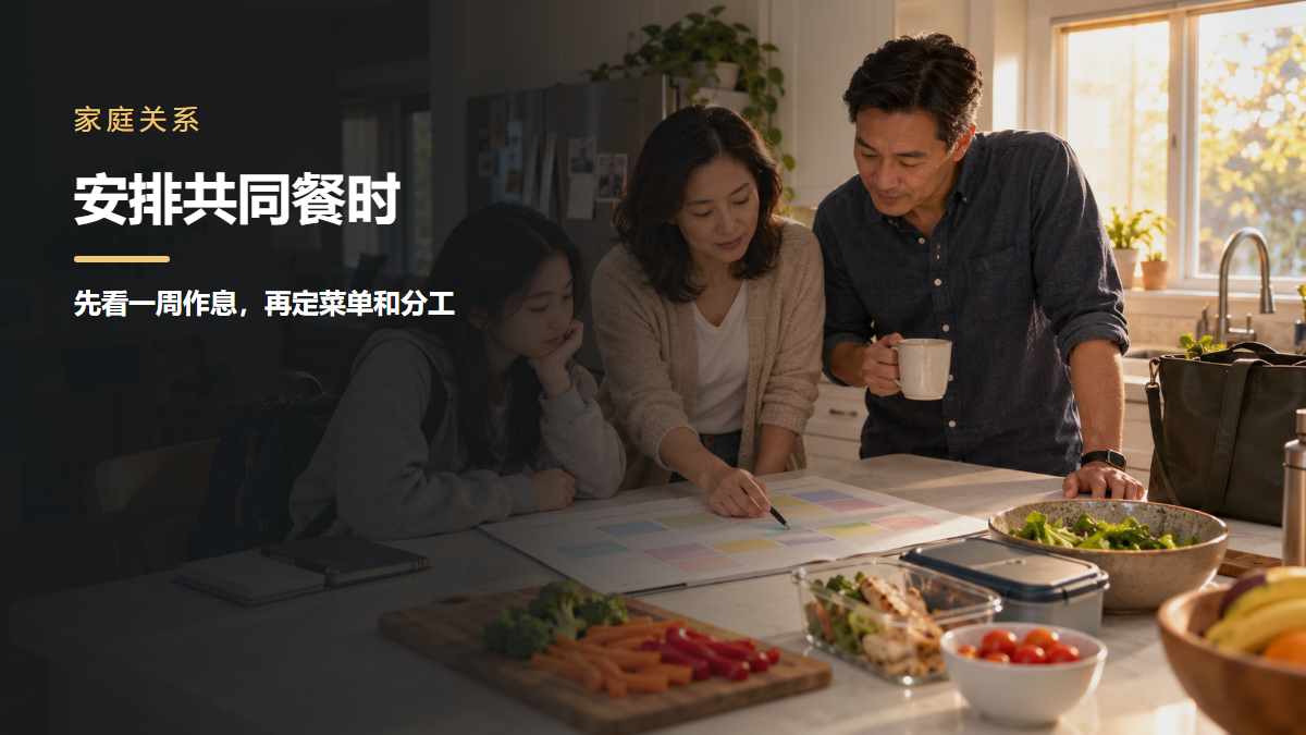 一家三口在厨房日历旁查看一周作息并安排共同餐时