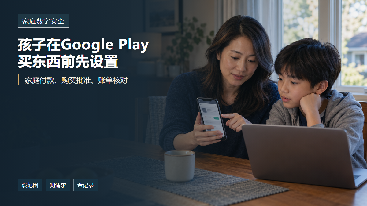封面文字说明孩子在Google Play购买前需要设置家庭付款方式和购买批准,华人母子在家中一起查看手机上的通用购买请求界面