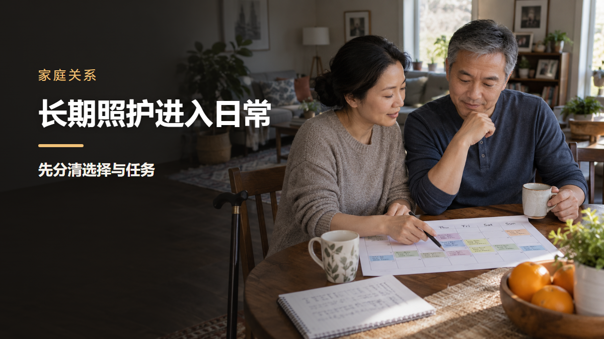 一对亚裔成年伴侣在北美家中共同查看一周照护安排，其中一人身旁放着手杖
