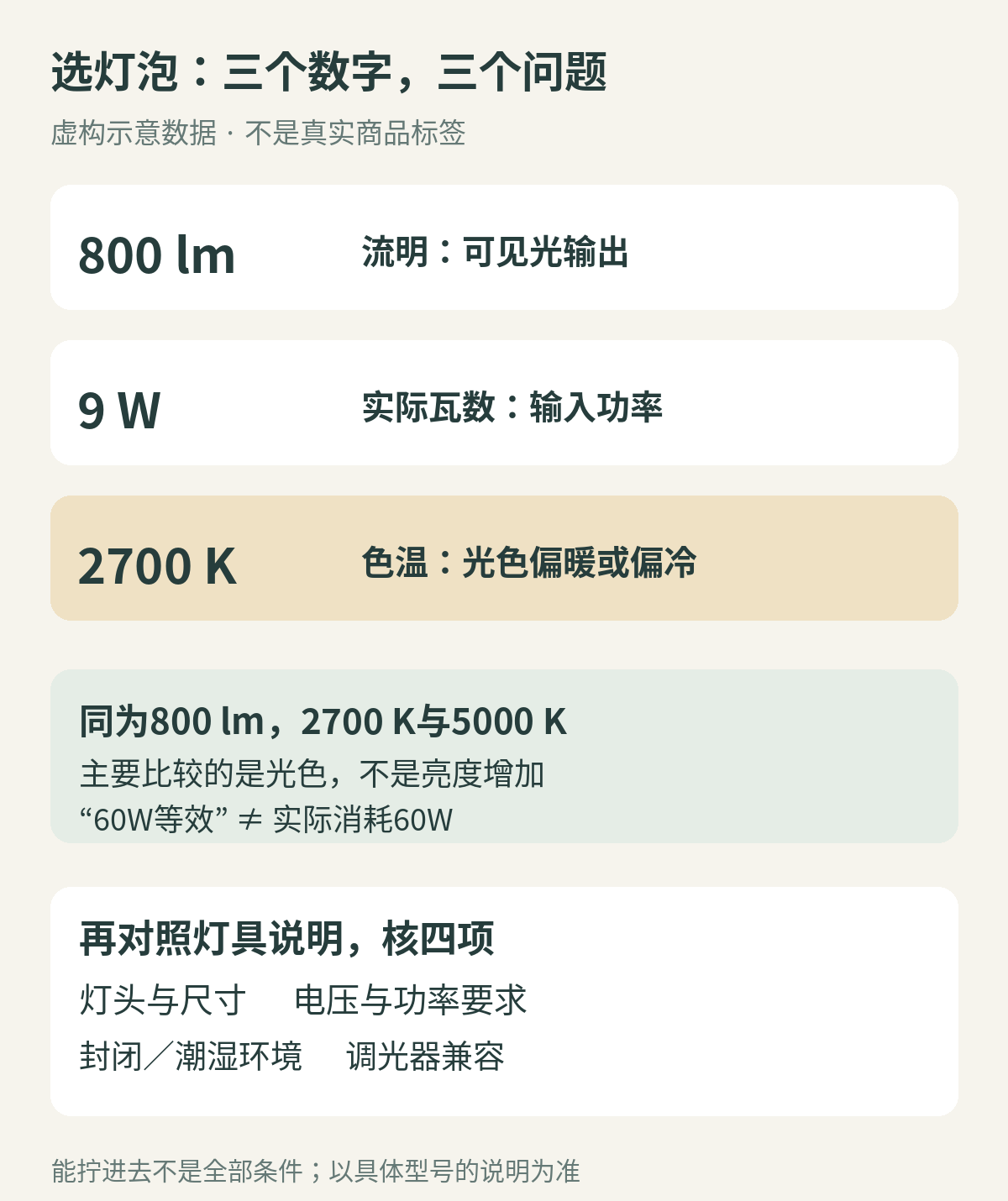 灯泡的流明、实际瓦数、色温分别表示光输出、输入功率和光色，并列出四项适配检查