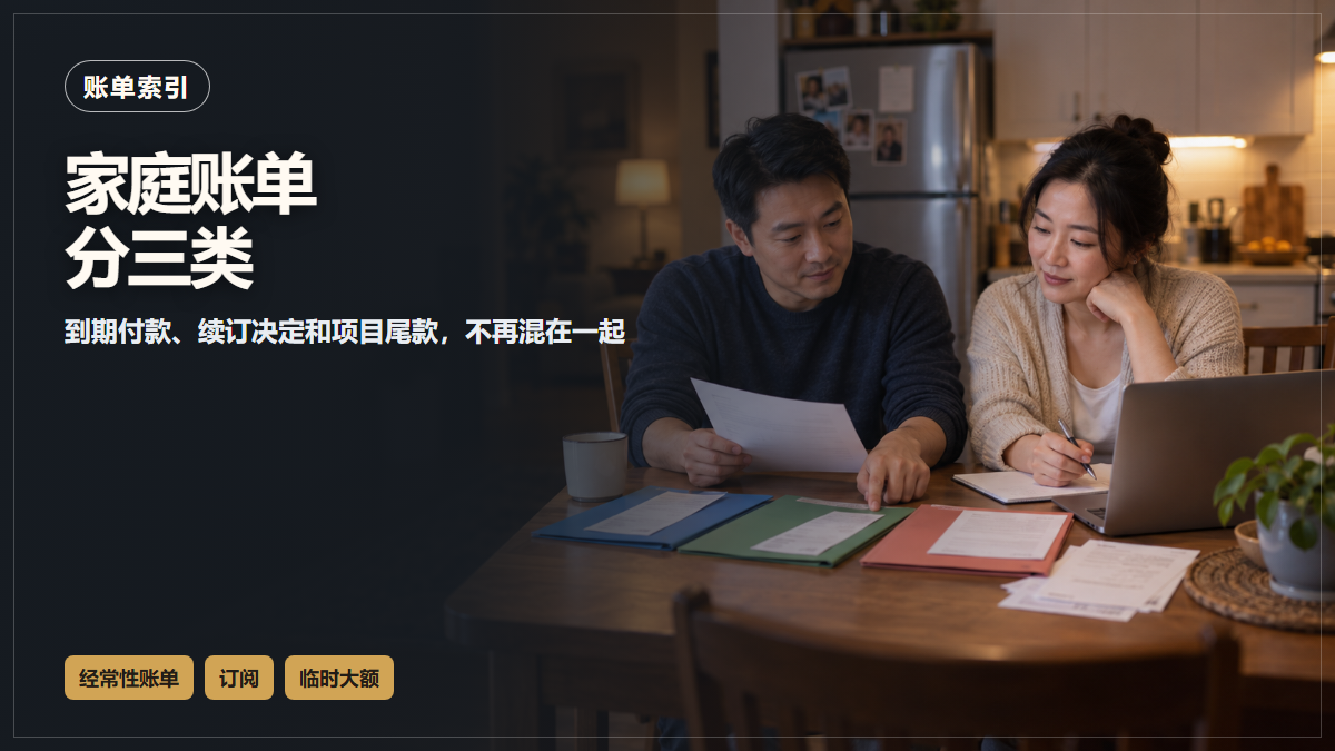 华裔夫妻在北美住宅餐桌旁核对家庭账单,桌上放着蓝、绿、红三个文件夹,AI场景示意,非现场实拍