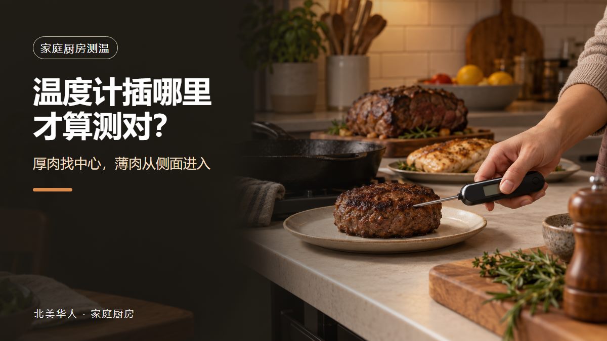 家庭厨房里,一支即时读数食物温度计从侧面插入厚肉饼中心测温