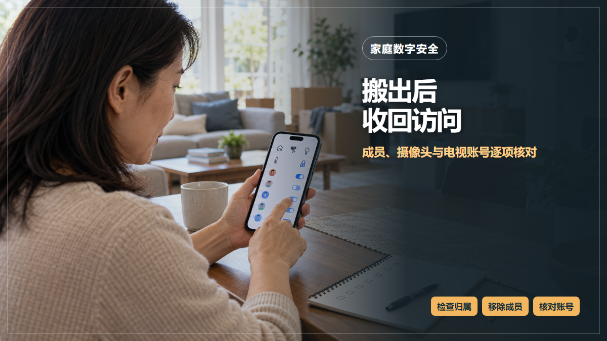 华人女性在搬家纸箱旁查看手机上的智能家居成员图标，桌上放着核对清单和钥匙