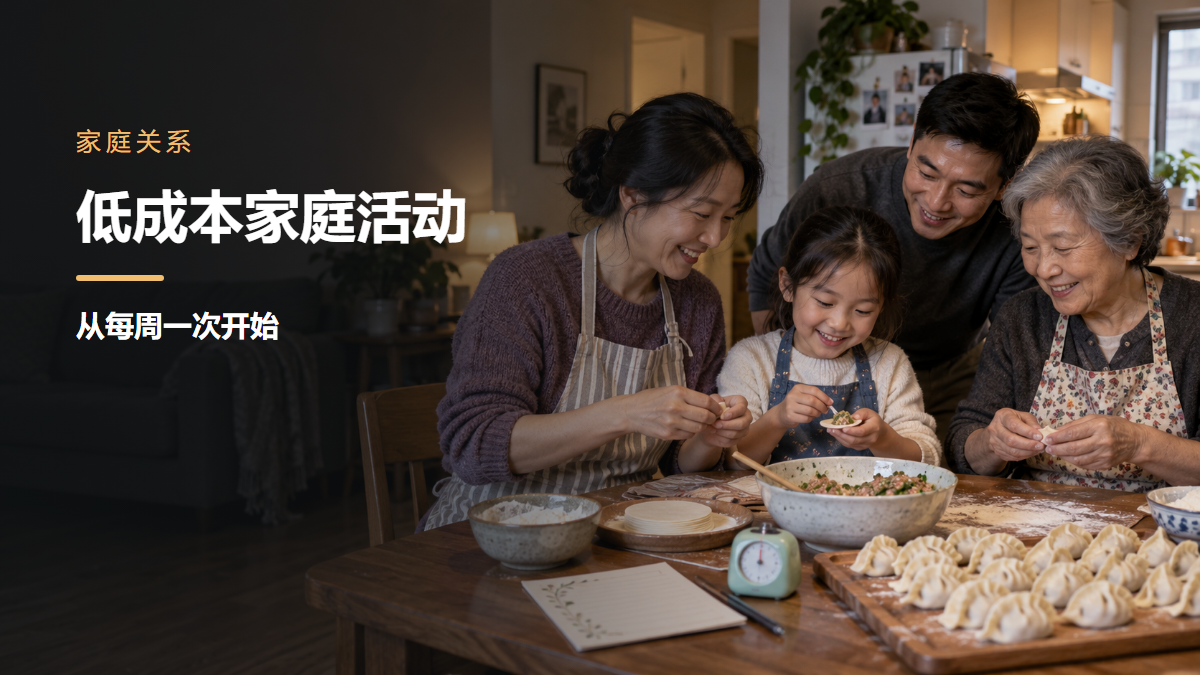 一个亚裔多代家庭在北美住宅中一起包饺子并查看每周活动卡