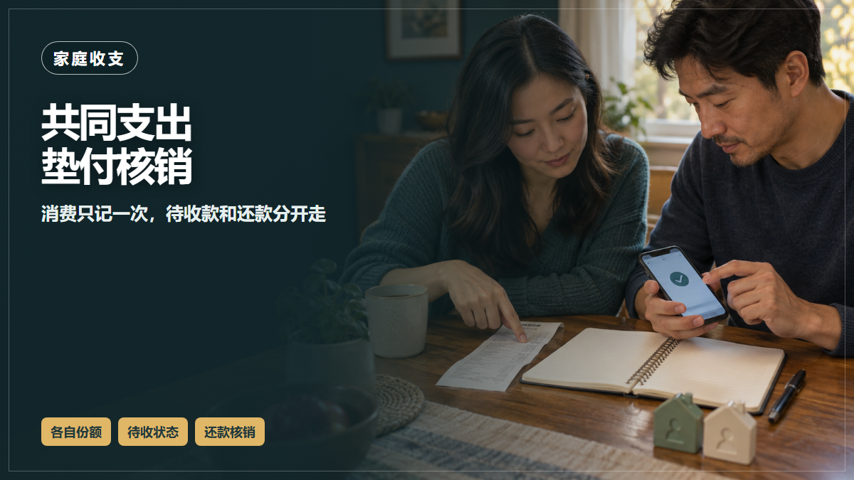 两位家人在餐桌上用小票、笔记本和手机核对共同支出与还款的AI场景示意