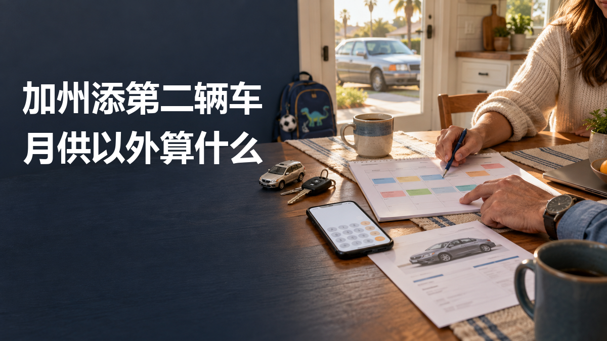 家中两人对照日历、车钥匙与车辆资料，窗外停着一辆车；封面文字为“加州添第二辆车 月供以外算什么”