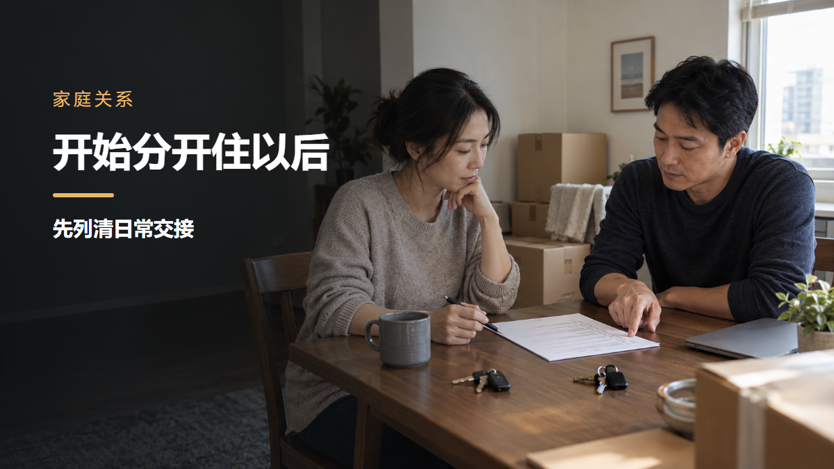 两名亚裔成年人在有搬家纸箱的北美住宅中核对分开居住后的日常交接清单