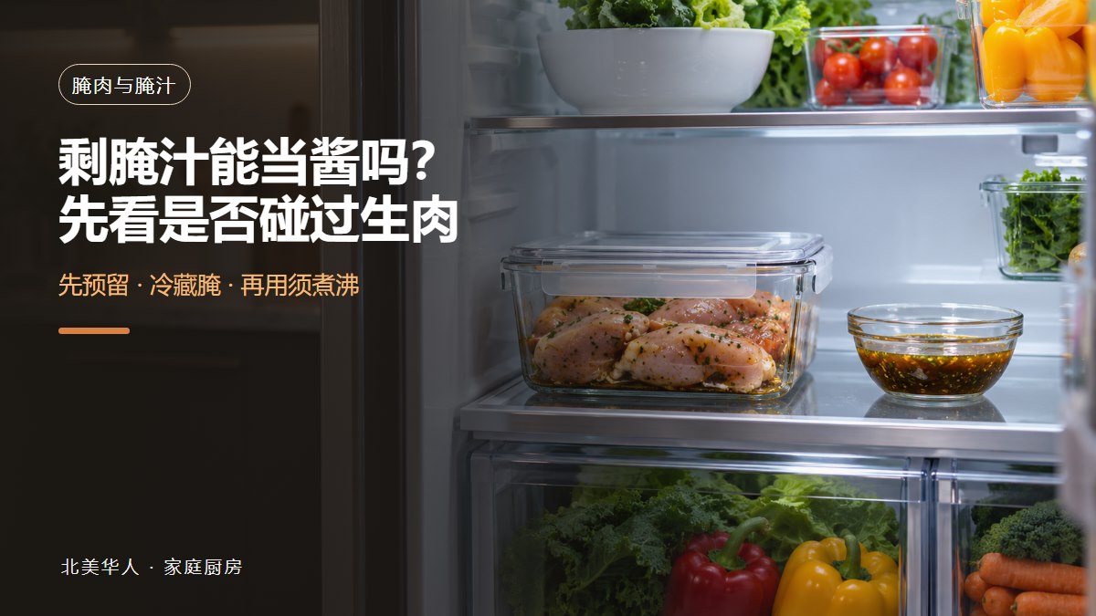北美家庭冰箱里，带盖玻璃盒中的生鸡肉正在冷藏腌制，旁边另放一小碗未接触生肉的预留腌汁