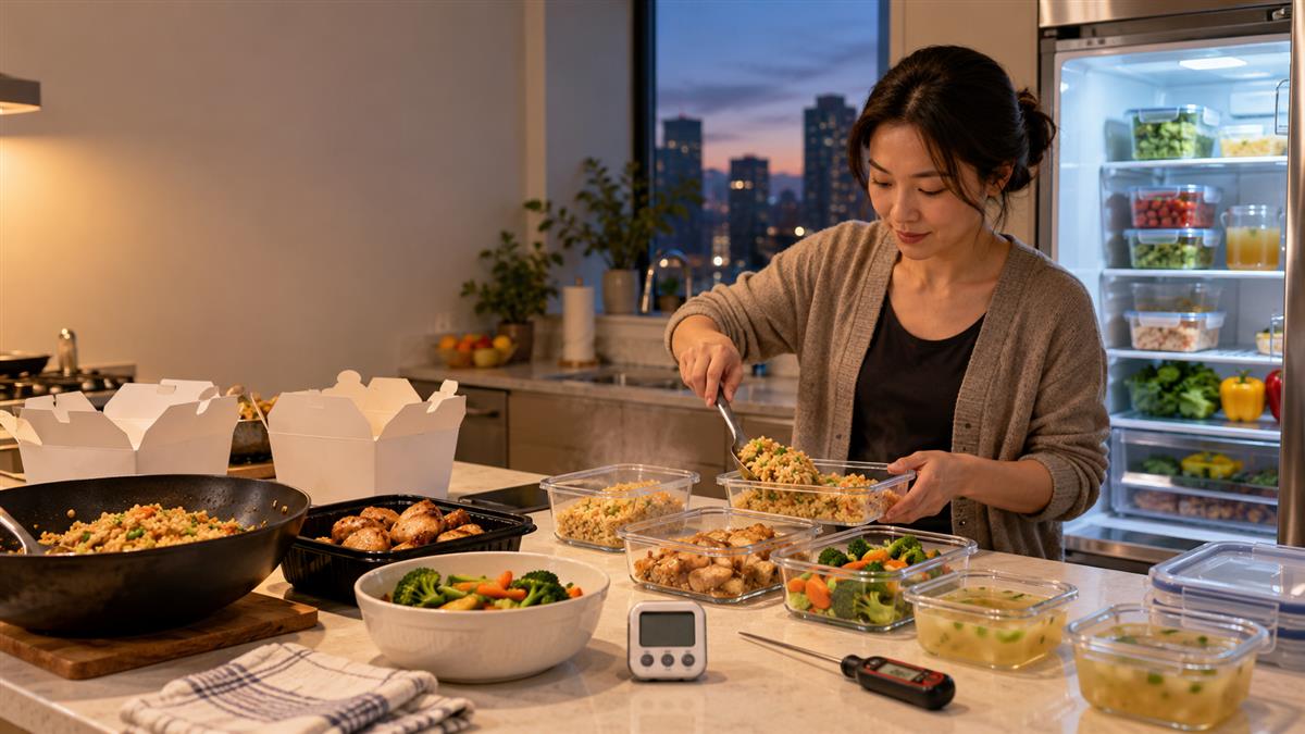 北美家庭晚间把外卖炒饭、熟鸡肉、蔬菜和汤分装进浅盒,旁边冰箱门打开