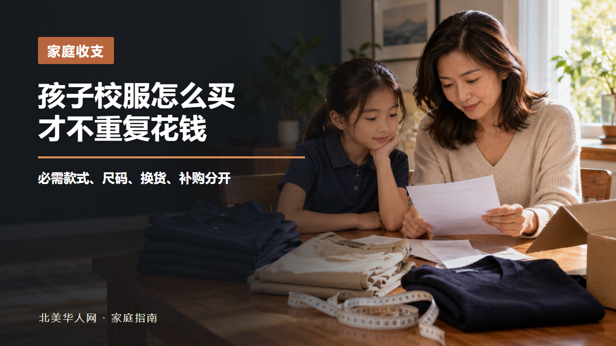 家长和孩子在家中核对校服清单、尺码、订单和收据的AI场景示意