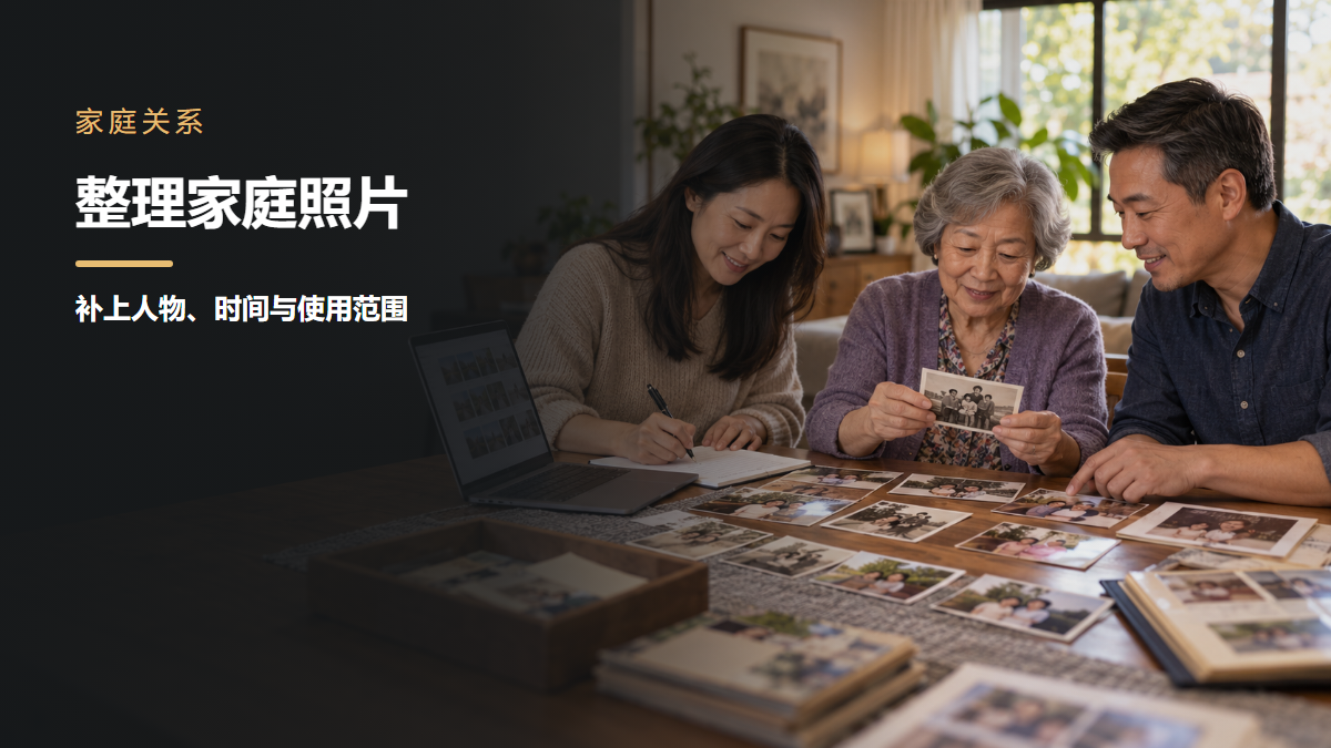 三名家庭成员在餐桌旁用电脑整理家庭照片并记录人物和时间