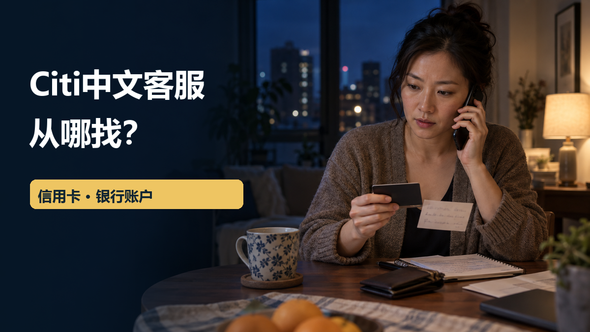 夜间家中，一名女子看着银行卡打电话，桌上有笔记；封面文字为“Citi中文客服 从哪找？”