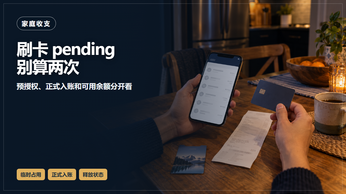 一位读者在餐桌上用手机、无品牌银行卡和收据核对刷卡待处理交易的AI场景示意