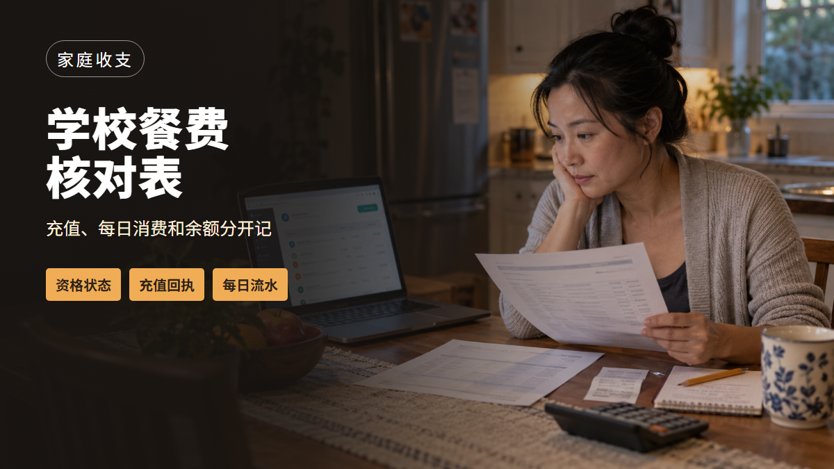 一位华人家长在美国家中查看孩子学校餐费账户流水和充值回执的AI场景示意