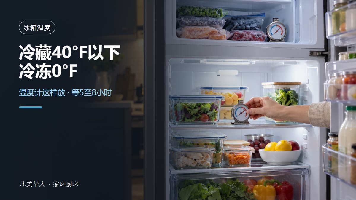 北美家庭打开冰箱，把一支电器温度计放在冷藏室中层，冷冻食品之间另有一支温度计