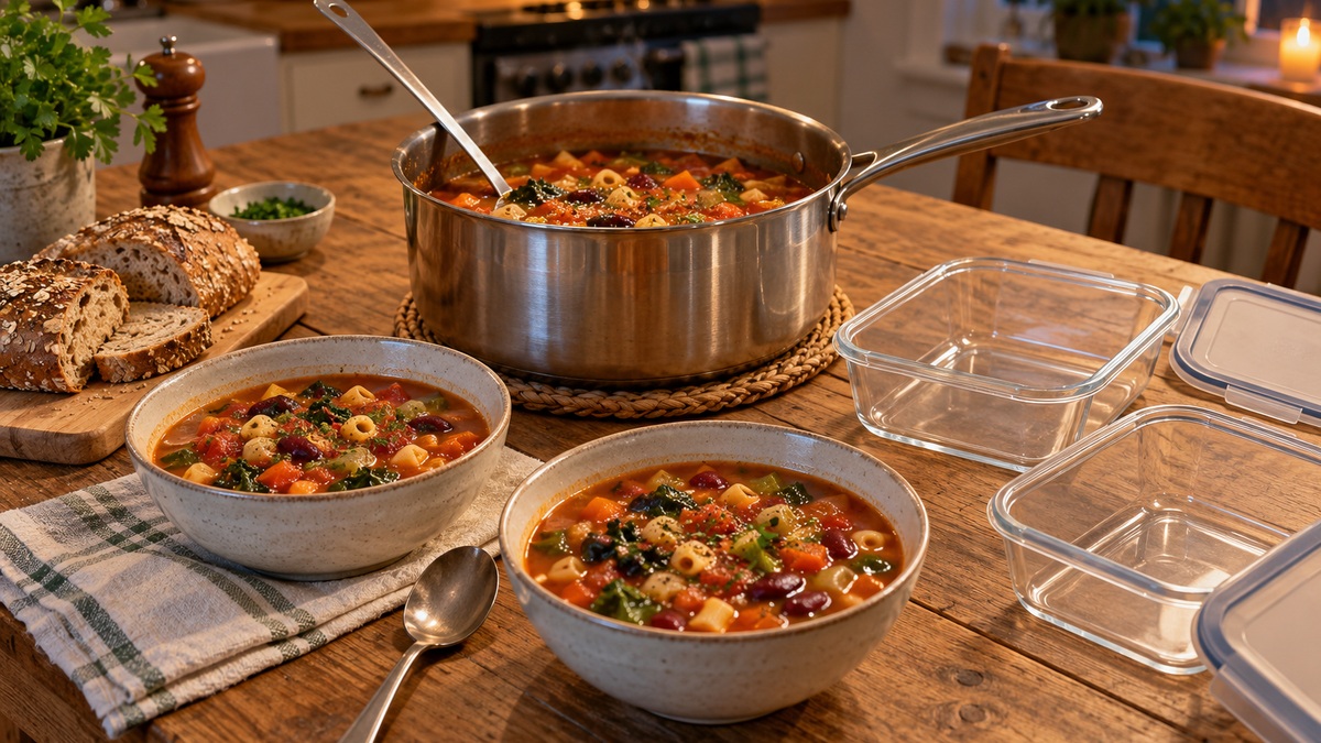 一锅蔬菜豆通心粉汤、两碗汤和旁边准备分装的浅容器