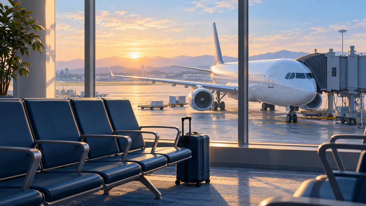 机场候机区的空座椅和行李箱，窗外是一架停靠廊桥的无标识客机