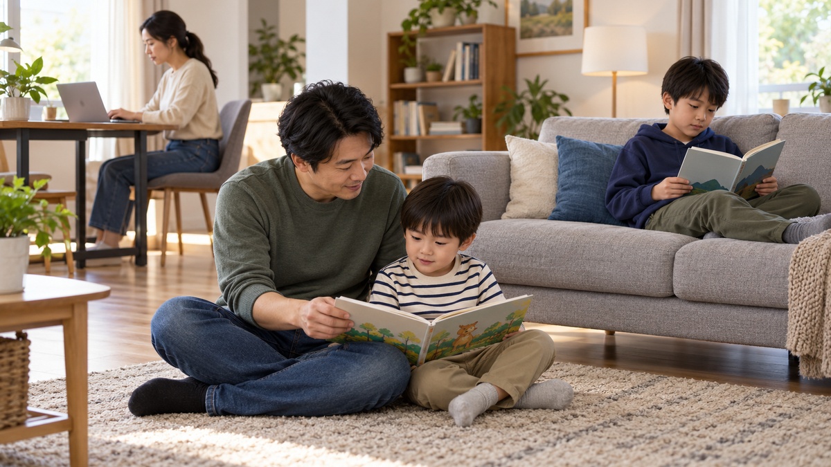 一名成人陪幼儿看图画书，较大的孩子在沙发上阅读，另一名成人在后方桌前使用电脑