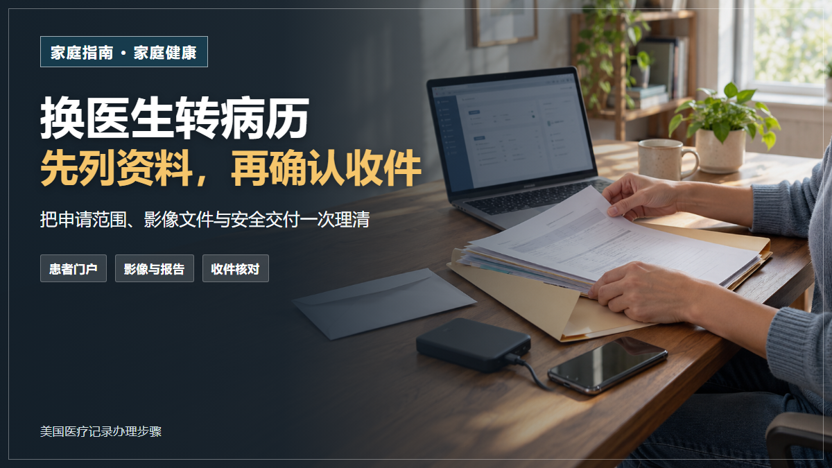 一名成年人在家中书桌前整理病历文件，旁边放着显示患者门户的笔记本电脑、信封、手机和外接存储设备