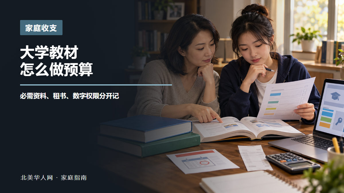一位华人家长和大学生在书桌前核对大学教材、租书期限和数字课程权限的AI场景示意