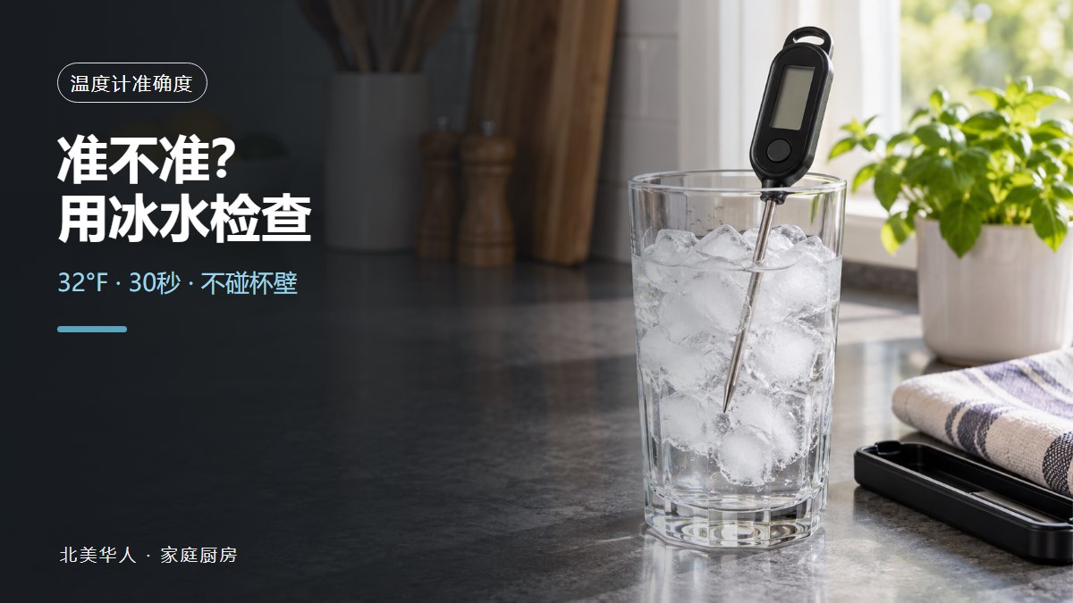 北美家庭厨房台面上，一支数字食物温度计的探针插入装满冰块和少量水的玻璃杯中央