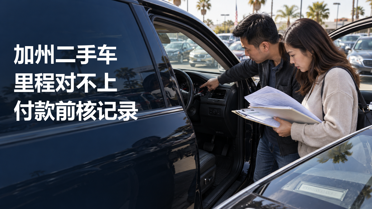 两人在二手车旁对照仪表与纸质车辆记录;封面文字为“加州二手车 里程对不上 付款前核记录”