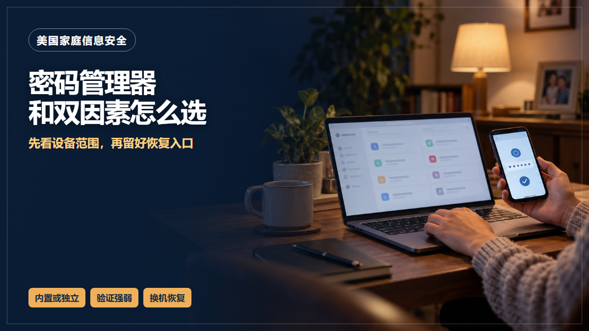家中书桌上打开密码管理界面的电脑和显示验证步骤的手机，一人正在核对设置