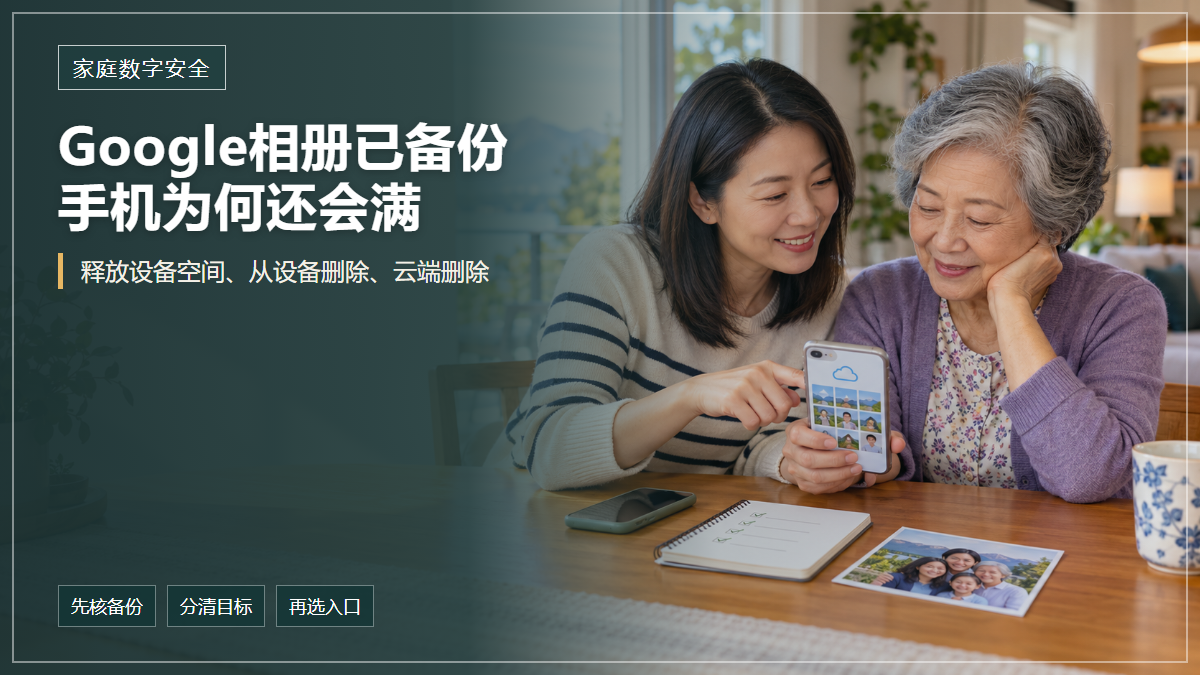 封面文字说明Google相册备份后怎样清理手机空间，华人女儿陪母亲查看手机里的家庭照片