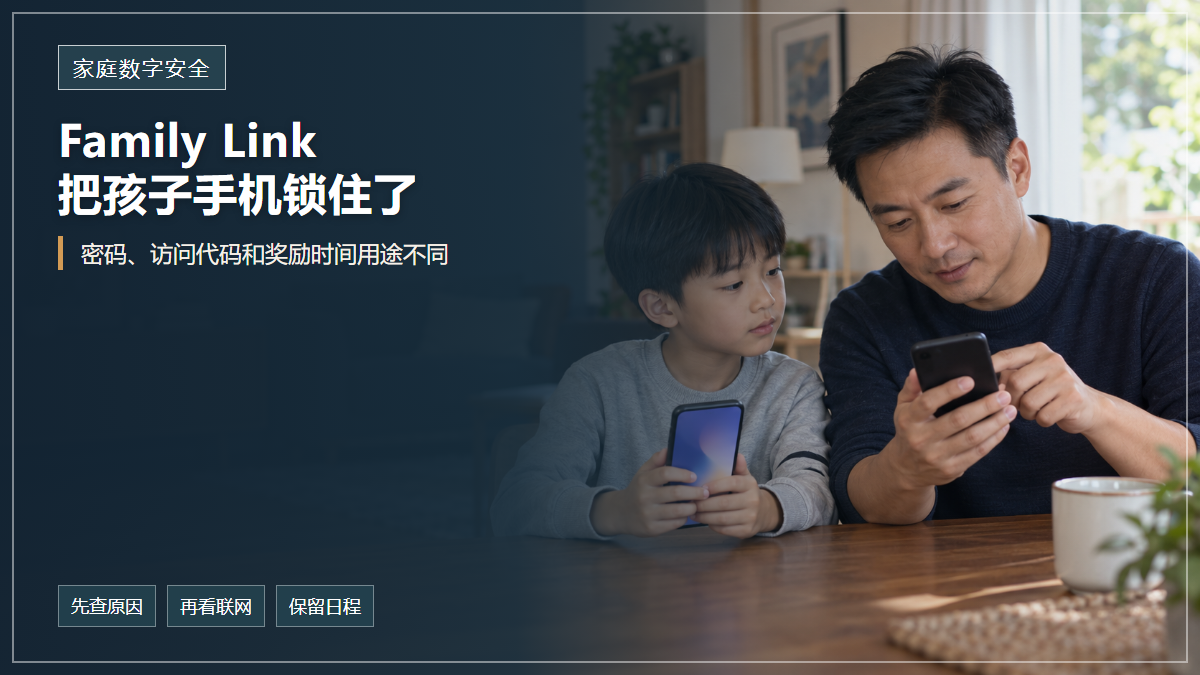 封面文字说明Family Link锁住孩子手机后要分清家长密码、访问代码和奖励时间，一位华人父亲与孩子在家中查看两部手机