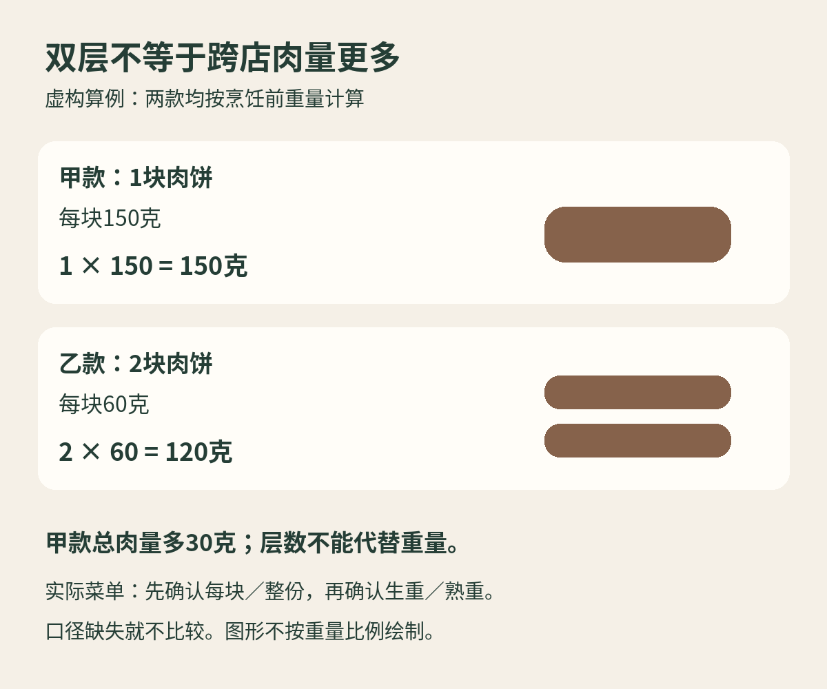 虚构算例:一块150克与两块各60克,均按烹饪前重量计算,总量分别150克和120克。