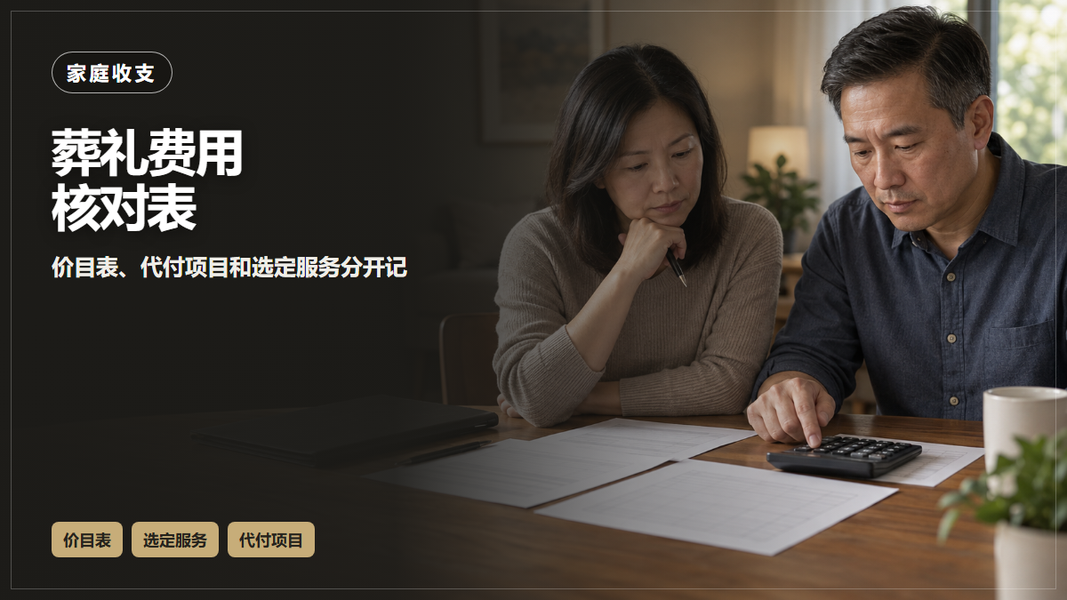 两位华人家庭成员在安静客厅用空白价目表和计算器核对葬礼费用的AI场景示意