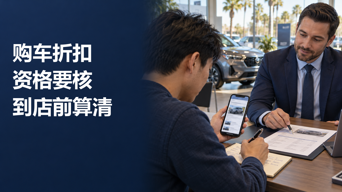 买家在车行桌前对照手机上的车辆页面与纸质车辆文件,销售用笔指向文件;封面文字为“购车折扣 资格要核 到店前算清”
