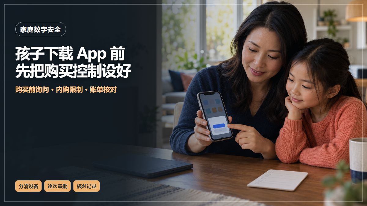 封面文字提示孩子下载App前设置购买控制，华人母女在餐桌旁一起查看手机上的通用批准界面