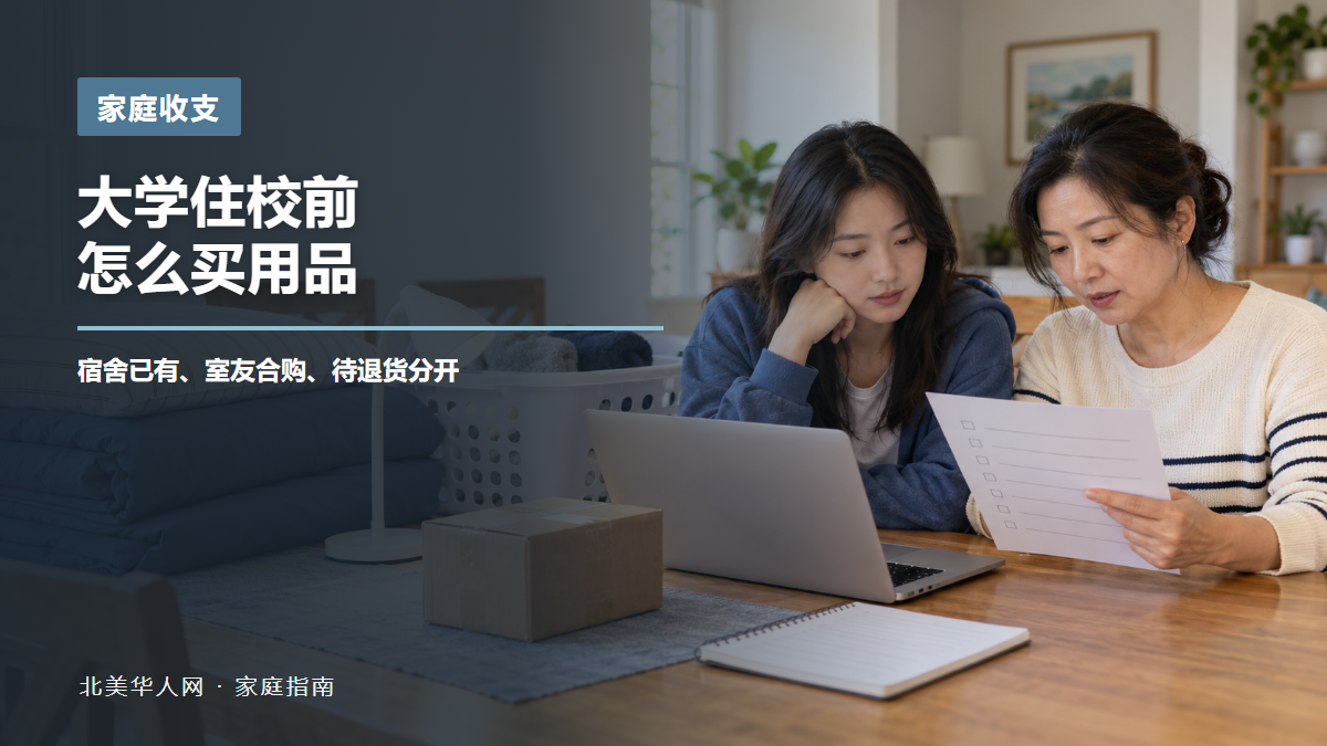 一位华人母亲和大学新生在家核对宿舍用品清单、床品、台灯和运输纸箱的AI场景示意