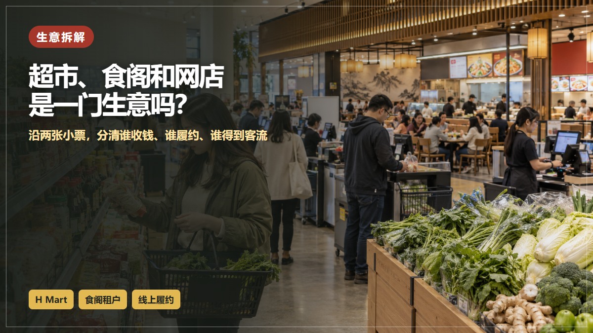 亚洲超市生鲜区与食阁收银台相连的示意场景，顾客持购物篮选货，食客在后方用餐