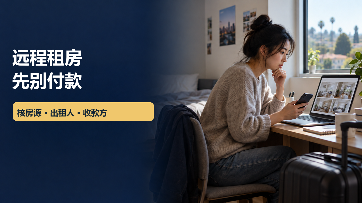 一名租客在桌前用手机和电脑查看公寓照片，旁边放着行李箱；封面文字为“远程租房 先别付款 核房源·出租人·收款方”