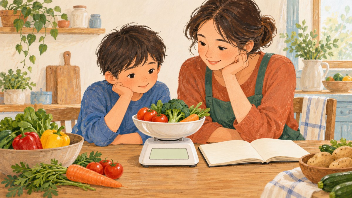 插画：成人和孩子看桌上的蔬菜与厨房秤。