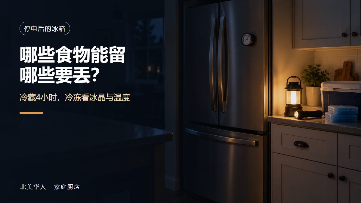 夜间停电的家庭厨房里冰箱门保持关闭，旁边备有手电筒、保冷箱和冰袋