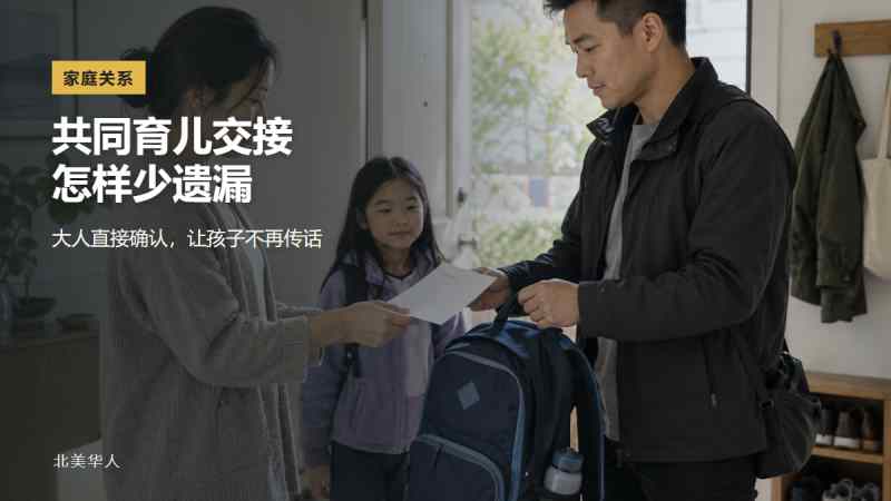 两位共同育儿的成年人在门口核对孩子的书包和交接清单，孩子安静站在一旁