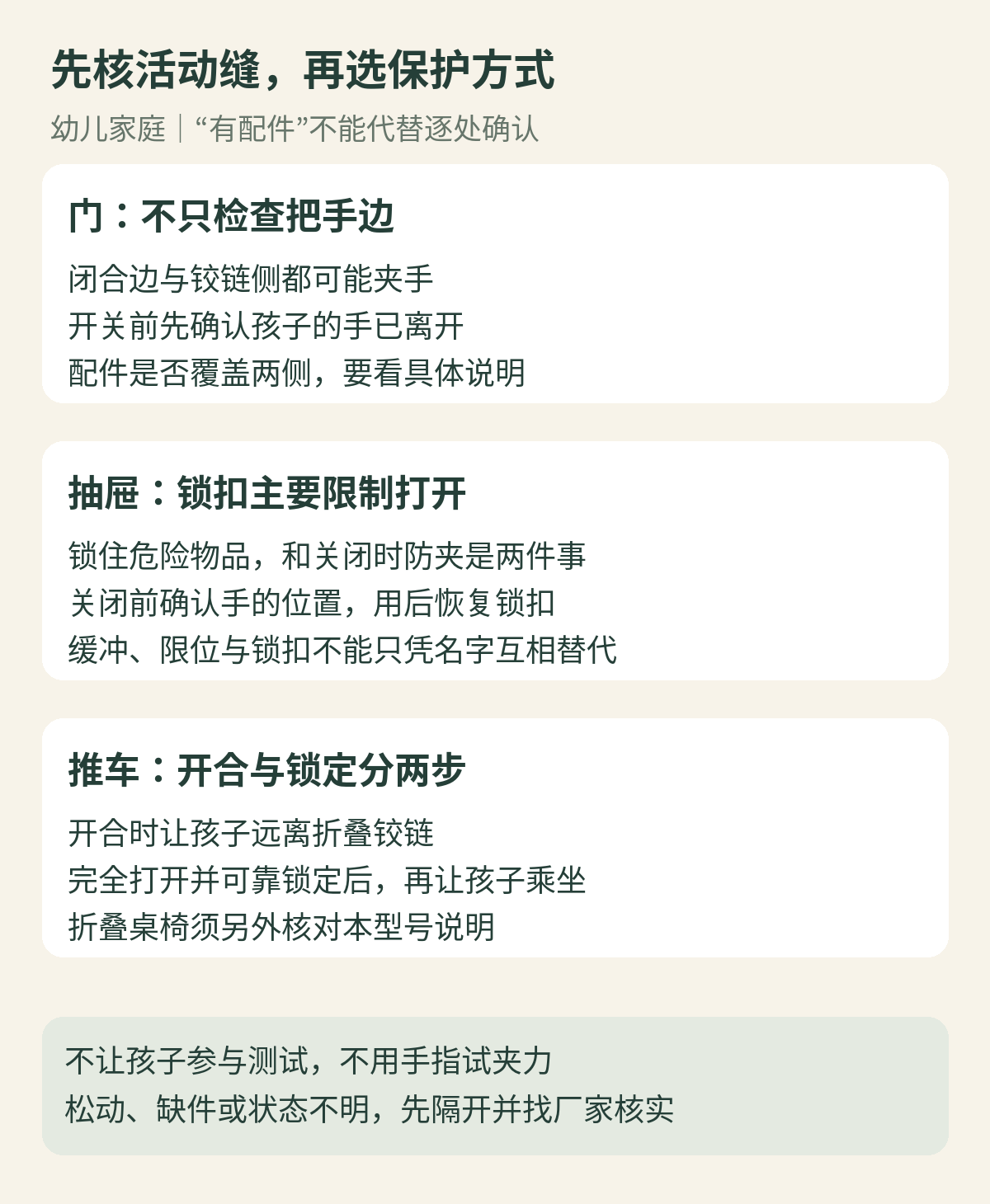 门、抽屉和折叠机构分开核对：门前沿与铰链侧都可能夹手，柜锁主要限制打开取物，推车开合时孩子远离且使用前确认锁定
